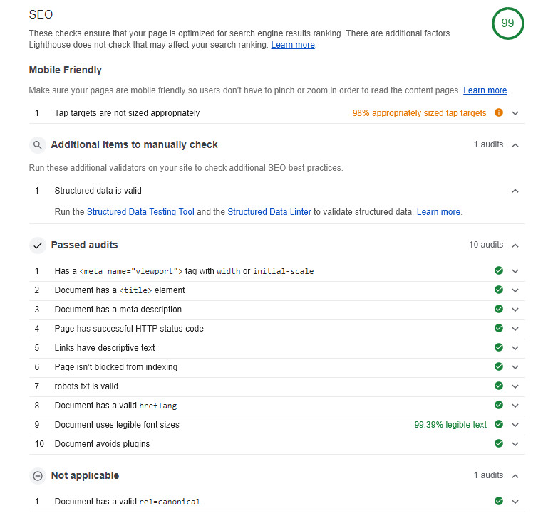 Screenshot of how blog.soshace.com performs in Google Lighthouse SEO-wise