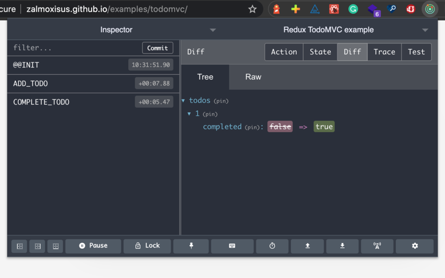 The difference in the state after the COMPLETE_TODO action is triggered
