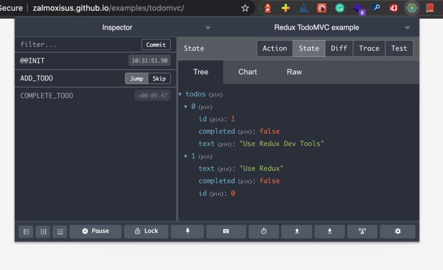 The change in the state after jumping to the ADD_TODO action