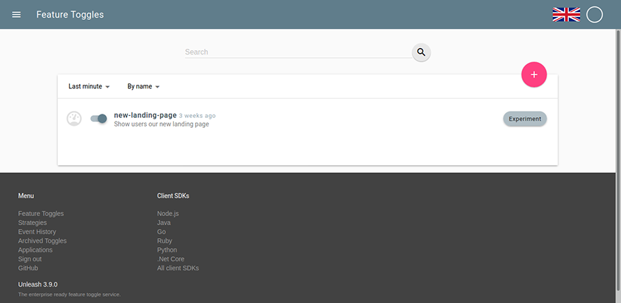 Unleash server dashboard showing newly created landing page feature Unleash server dashboard showing newly created landing page feature