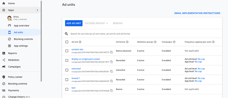 Create a new Admob app