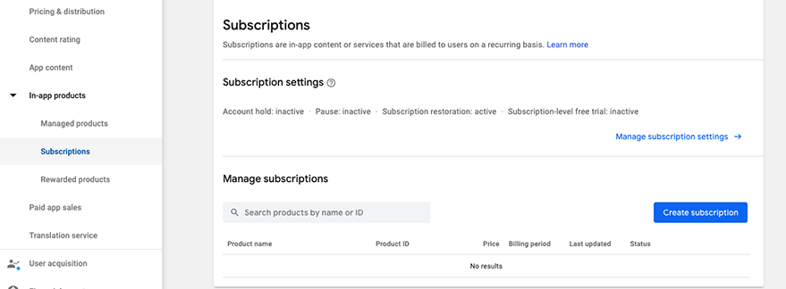 Add new subscription product in Playstore