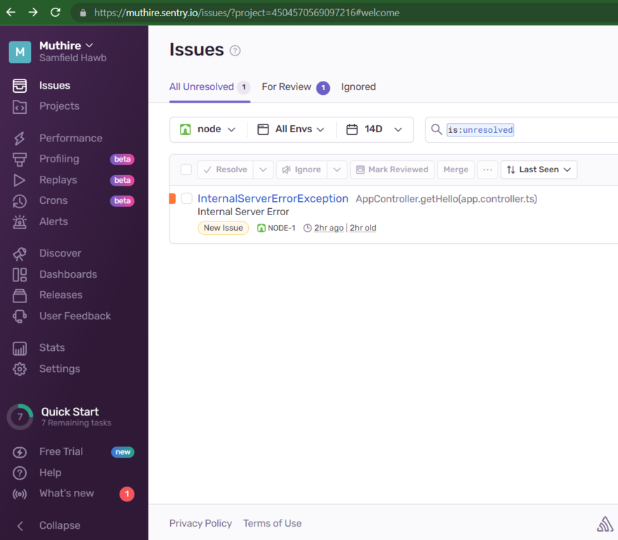 Node.js. Sentry dashboard Node.js. Sentry dashboard