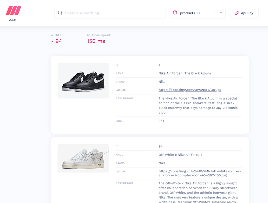 Milisearch application screen