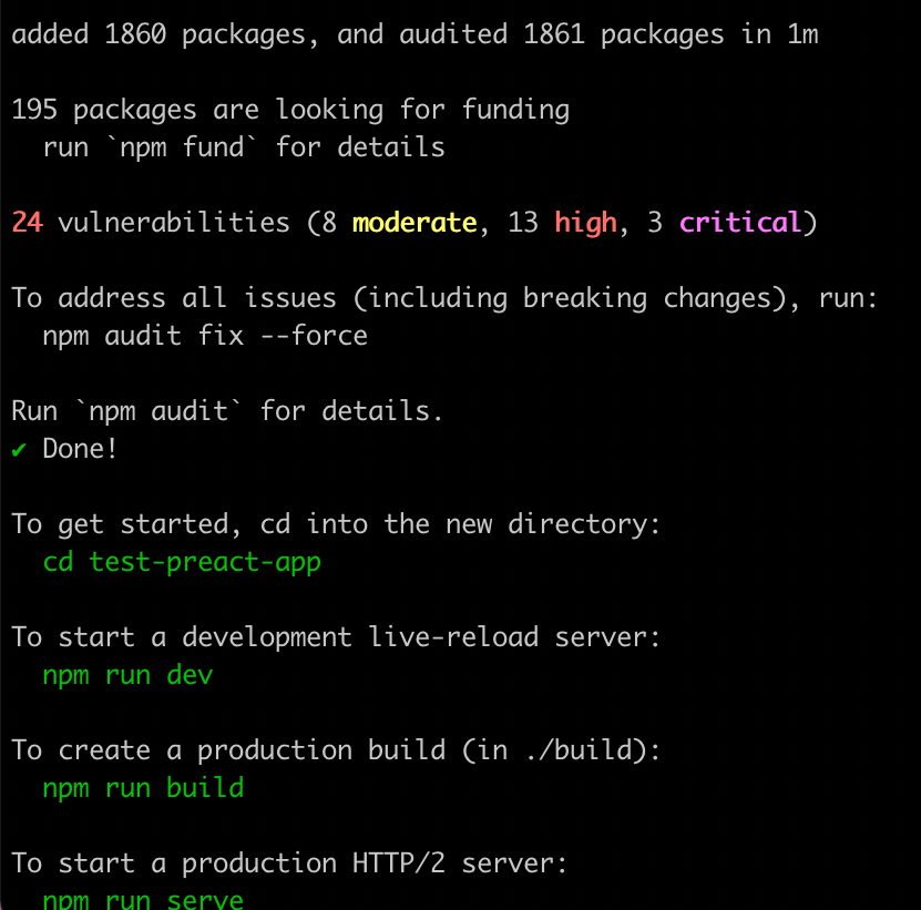 Installation of a Preact app using the preact-cli method