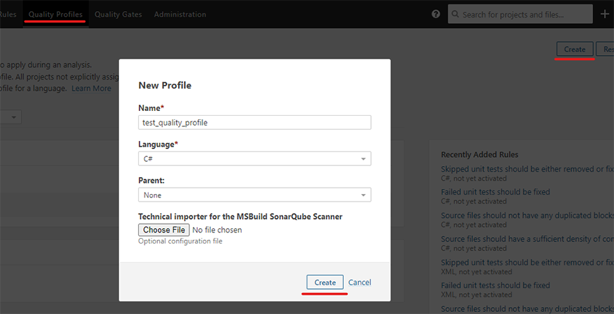 Creating a quality profile