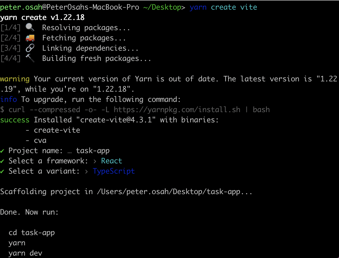 A screenshot showing the process of installing our application
